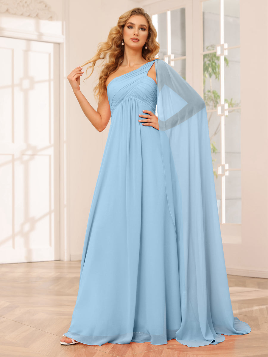 A-Line/Princess One-Shoulder Long Bridesmaid Dresses with Ruched Sky Blue