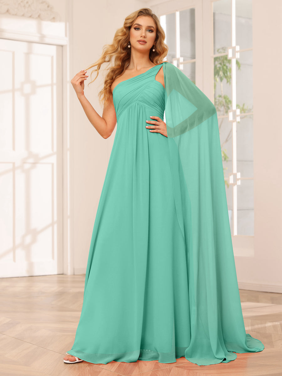 A-Line/Princess One-Shoulder Long Bridesmaid Dresses with Ruched Spa