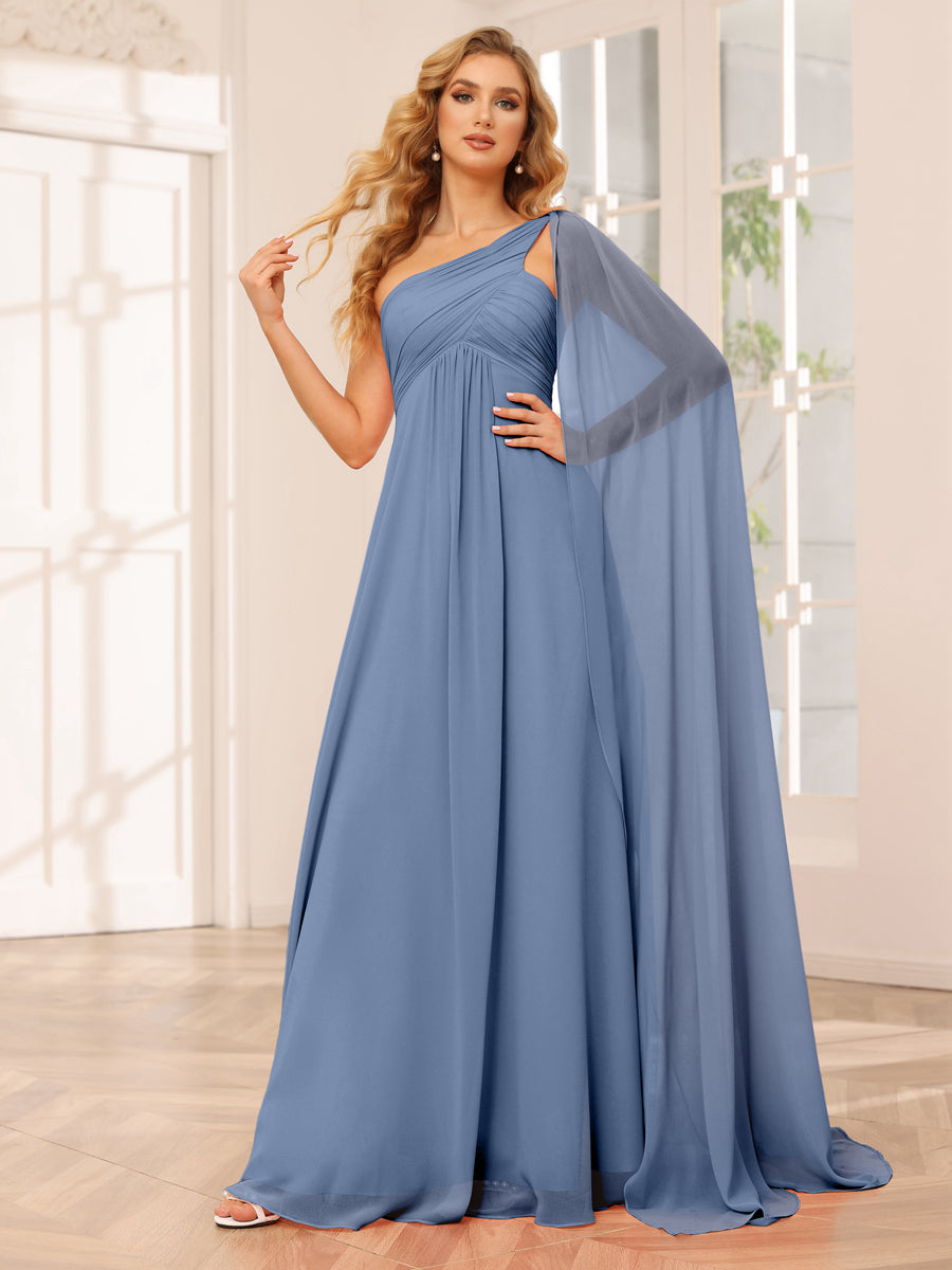 A-Line/Princess One-Shoulder Long Bridesmaid Dresses with Ruched Steel Blue