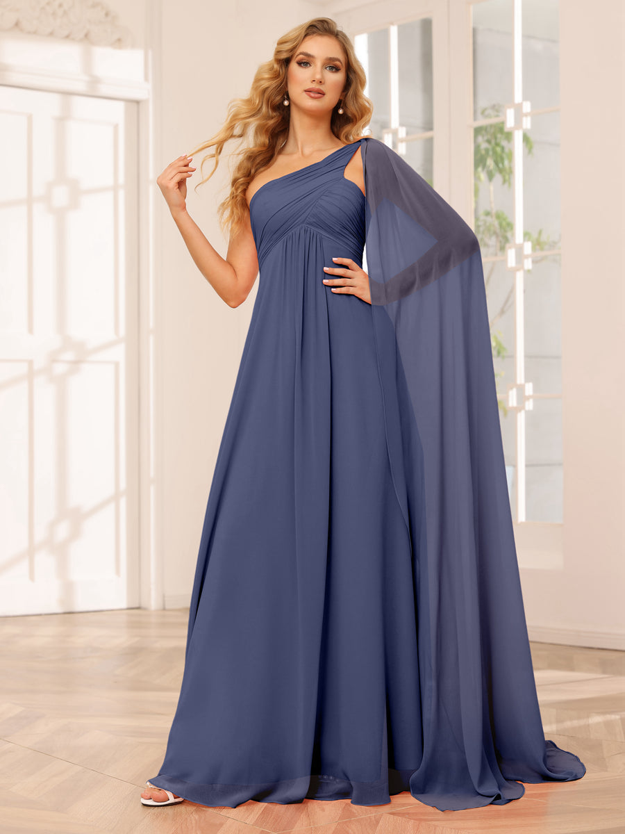 A-Line/Princess One-Shoulder Long Bridesmaid Dresses with Ruched Stormy Blue