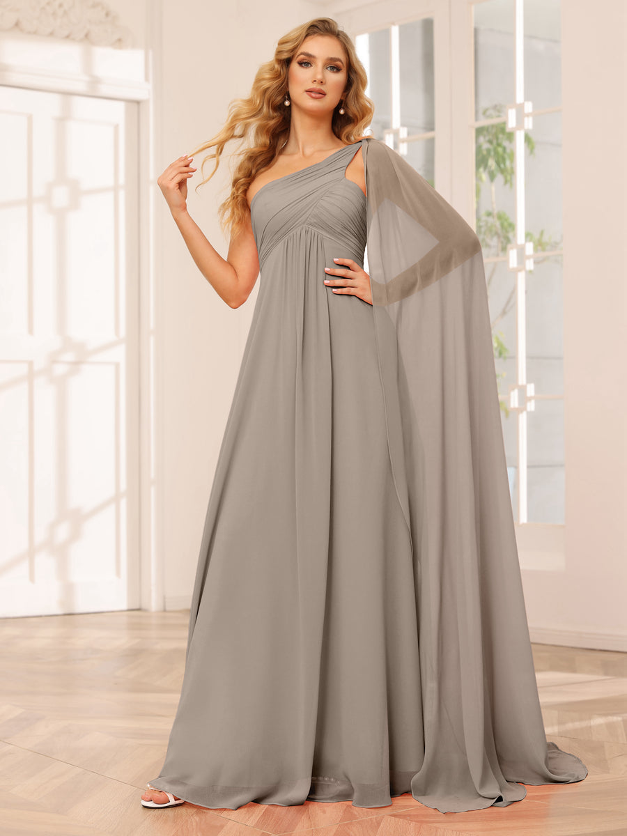 A-Line/Princess One-Shoulder Long Bridesmaid Dresses with Ruched Taupe