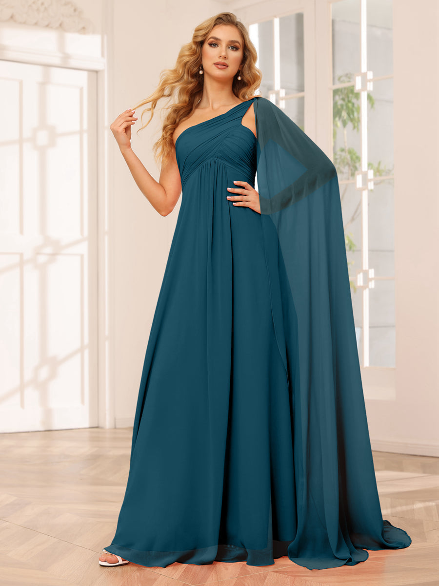 A-Line/Princess One-Shoulder Long Bridesmaid Dresses with Ruched Teal