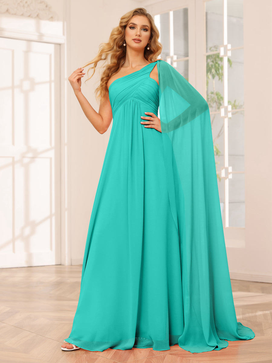 A-Line/Princess One-Shoulder Long Bridesmaid Dresses with Ruched Turquoise
