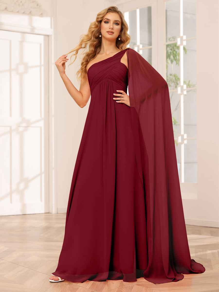 A-Line/Princess One-Shoulder Long Bridesmaid Dresses with Ruched Wine Red