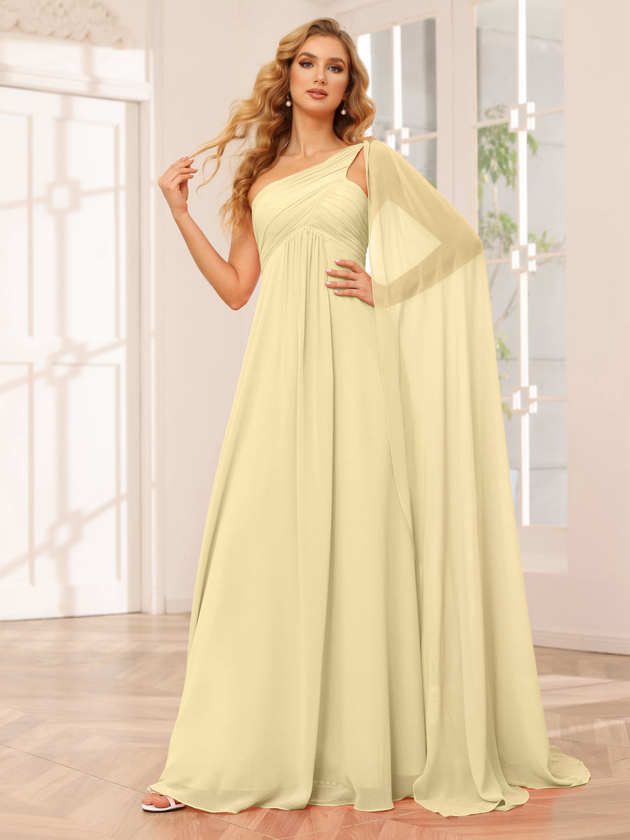 A-Line/Princess One-Shoulder Long Bridesmaid Dresses with Ruched Yellow