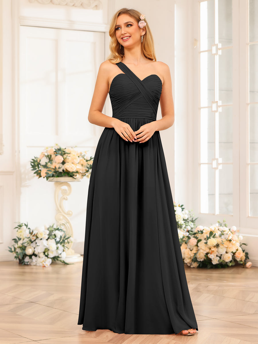 A-Line/Princess One-Shoulder Long Wedding Party Dresses with Split Side Black