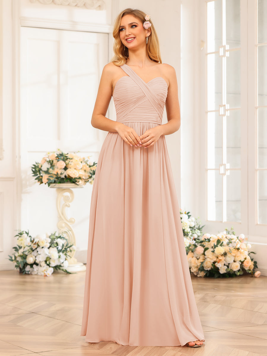 A-Line/Princess One-Shoulder Long Wedding Party Dresses with Split Side Blush Pink