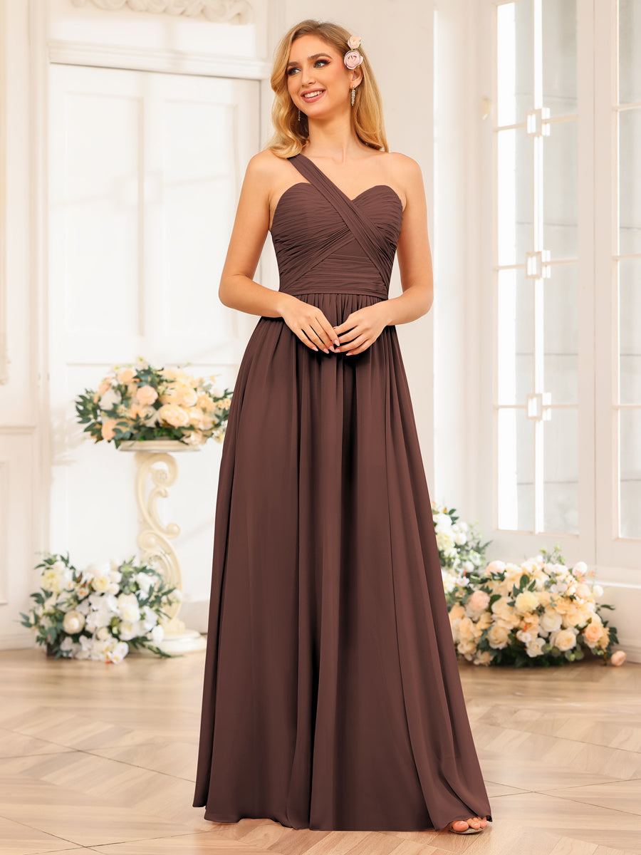 A-Line/Princess One-Shoulder Long Wedding Party Dresses with Split Side Brown
