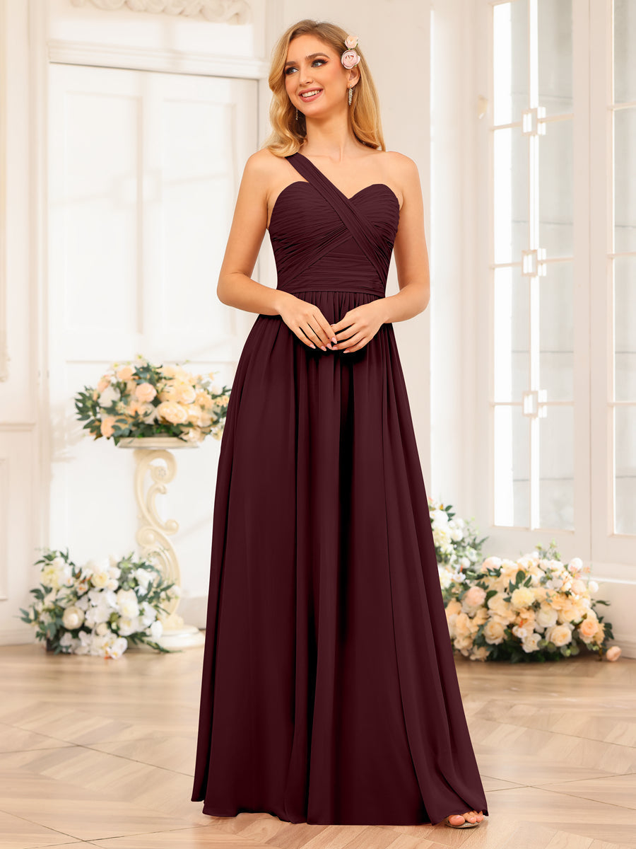 A-Line/Princess One-Shoulder Long Wedding Party Dresses with Split Side Burgundy