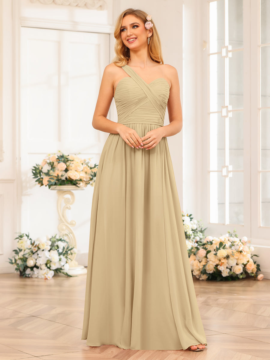 A-Line/Princess One-Shoulder Long Wedding Party Dresses with Split Side Champagne
