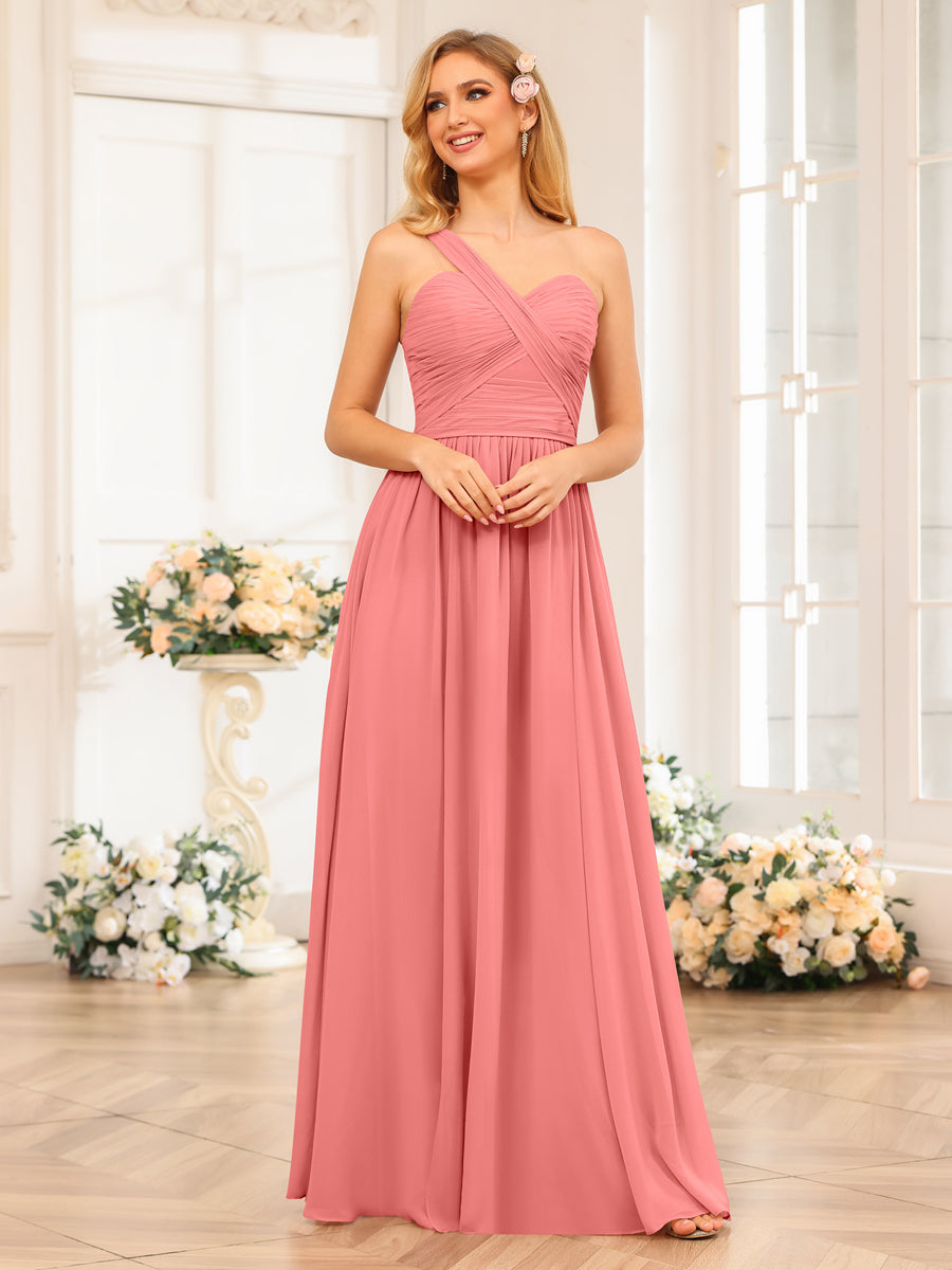A-Line/Princess One-Shoulder Long Wedding Party Dresses with Split Side Coral