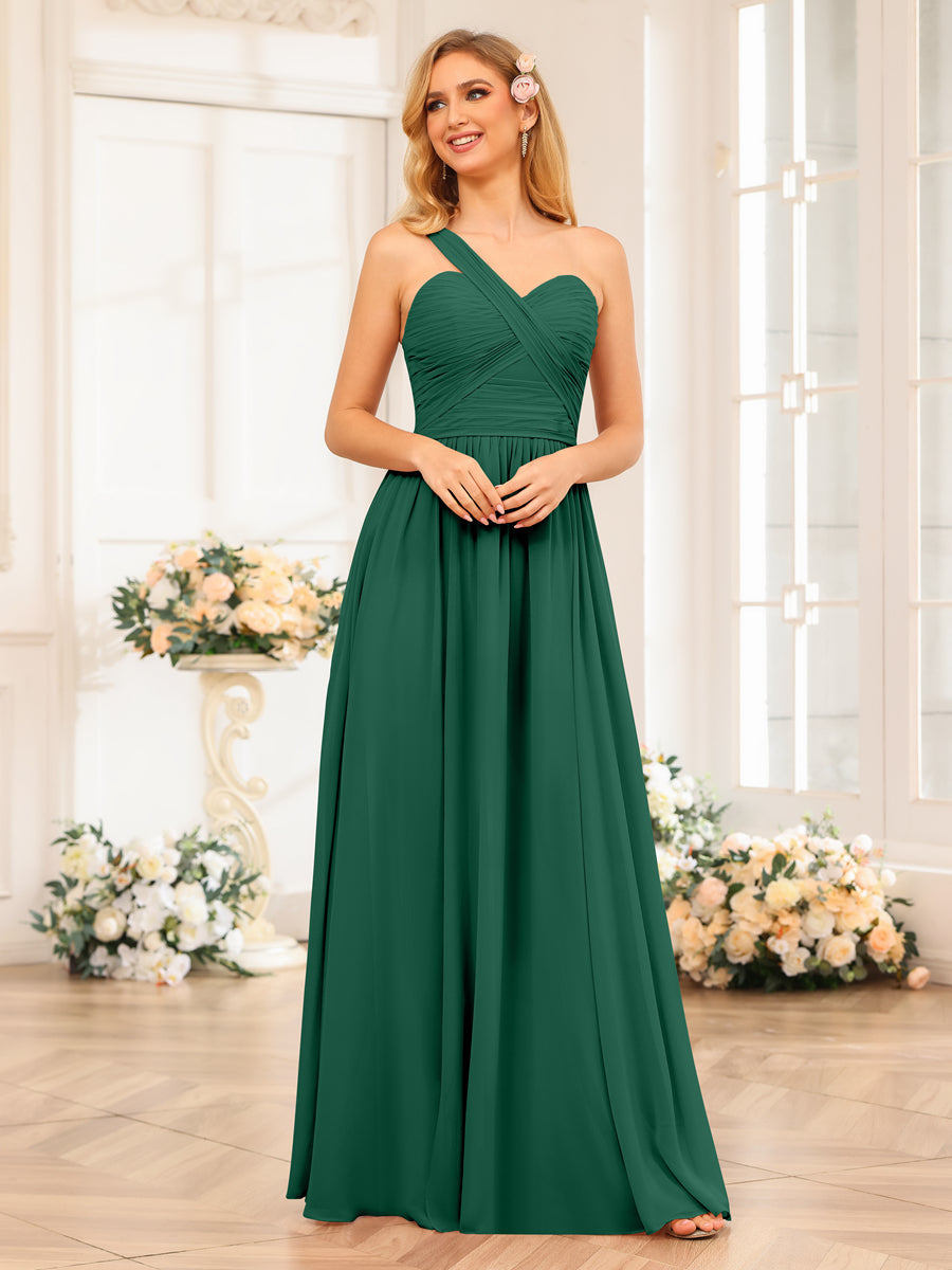 A-Line/Princess One-Shoulder Long Wedding Party Dresses with Split Side Dark Green
