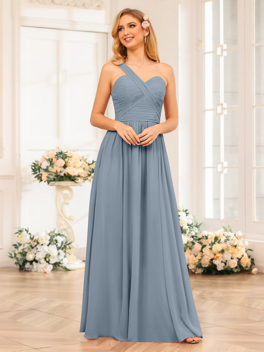 A-Line/Princess One-Shoulder Long Wedding Party Dresses with Split Side Dusty Blue
