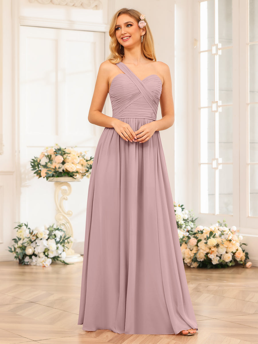 A-Line/Princess One-Shoulder Long Wedding Party Dresses with Split Side Dusty Pink