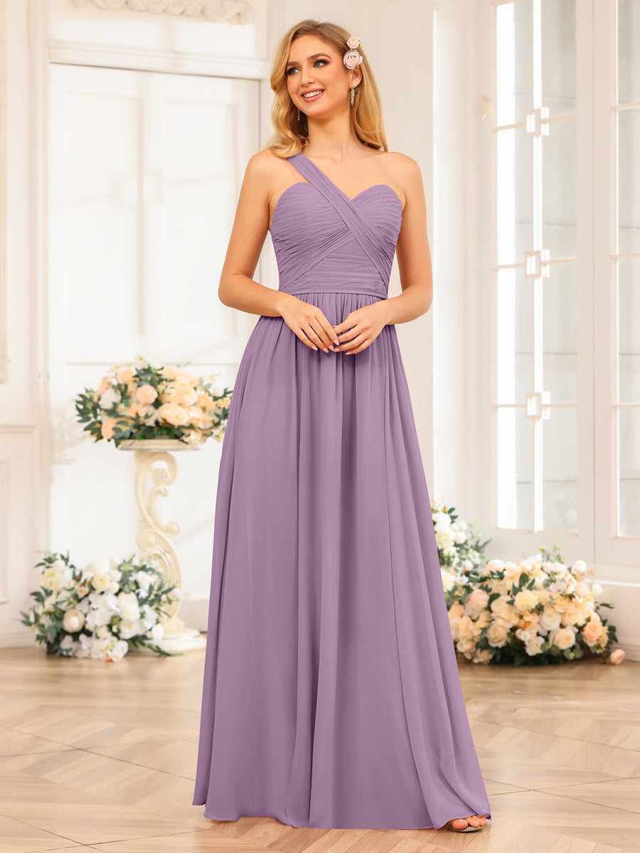 A-Line/Princess One-Shoulder Long Wedding Party Dresses with Split Side Dusty Purple