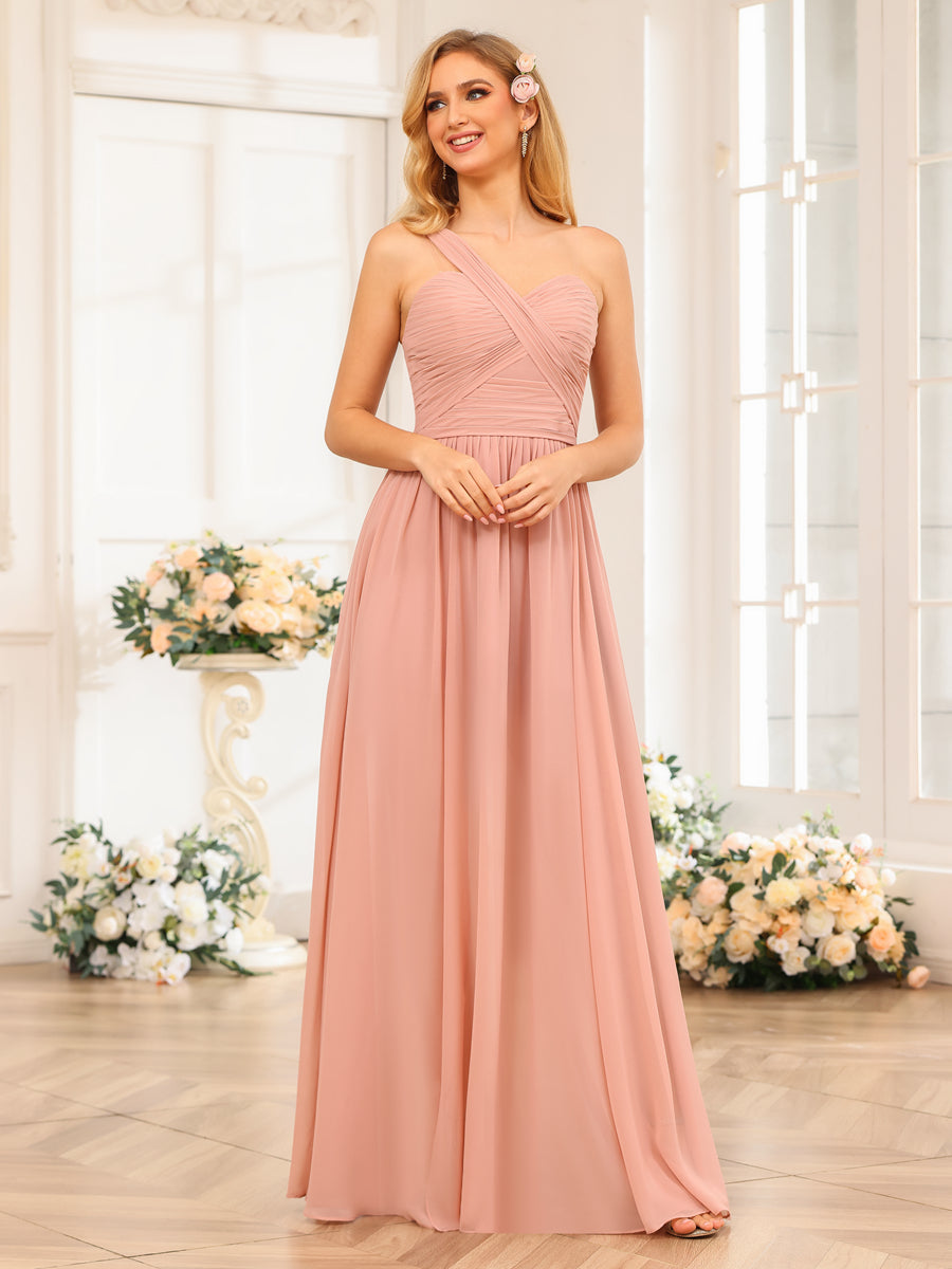 A-Line/Princess One-Shoulder Long Wedding Party Dresses with Split Side Dusty Rose