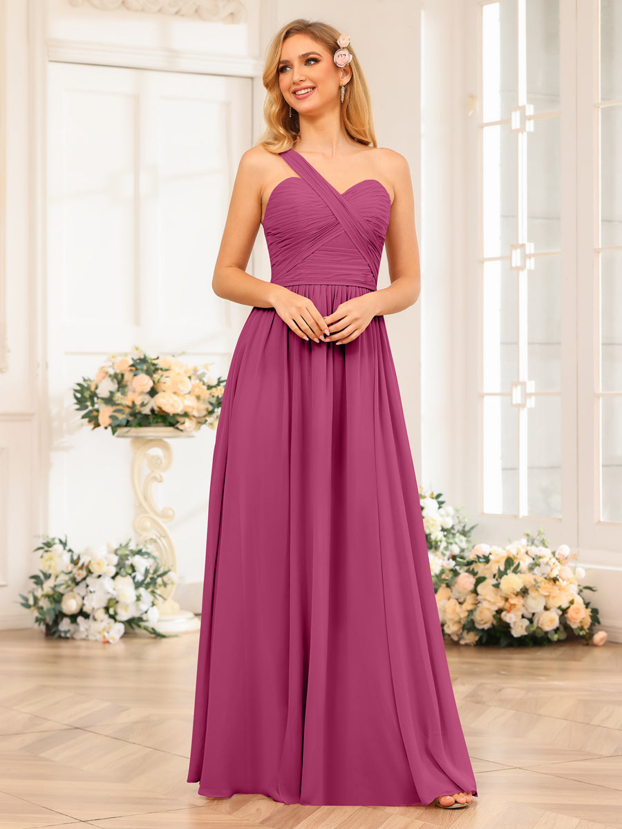 A-Line/Princess One-Shoulder Long Wedding Party Dresses with Split Side Fuchsia