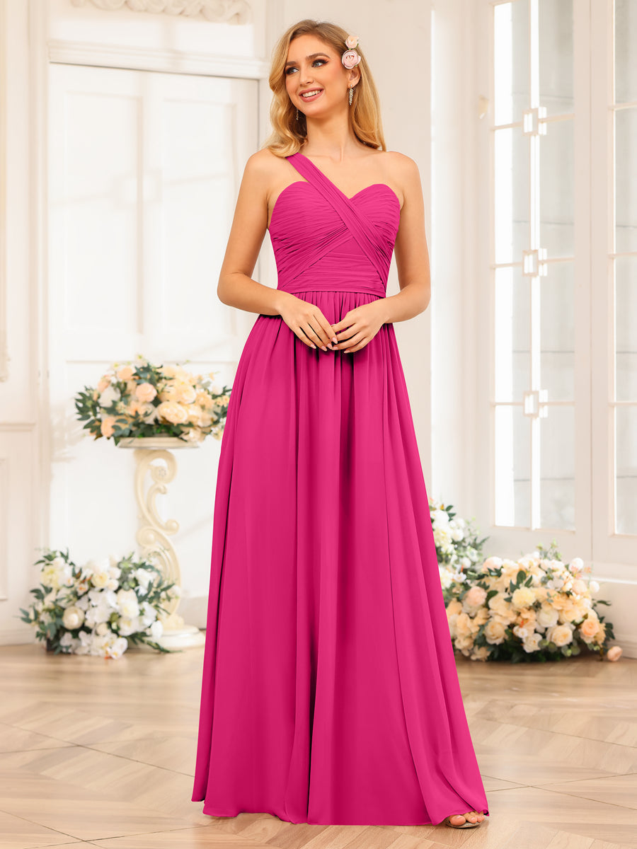 A-Line/Princess One-Shoulder Long Wedding Party Dresses with Split Side Fuchsia Pink