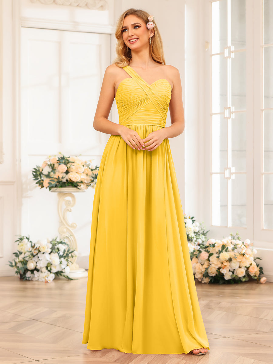 A-Line/Princess One-Shoulder Long Wedding Party Dresses with Split Side Gold