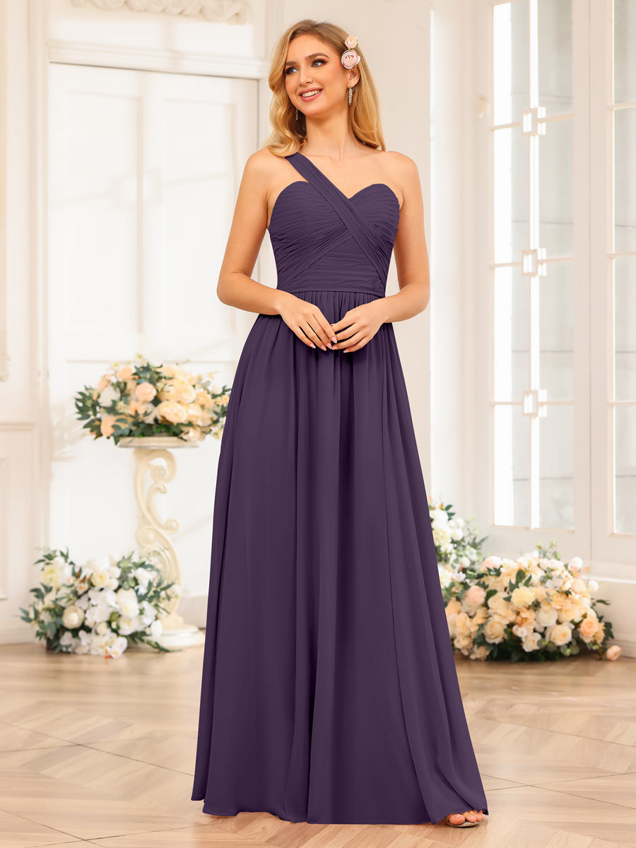 A-Line/Princess One-Shoulder Long Wedding Party Dresses with Split Side Grape