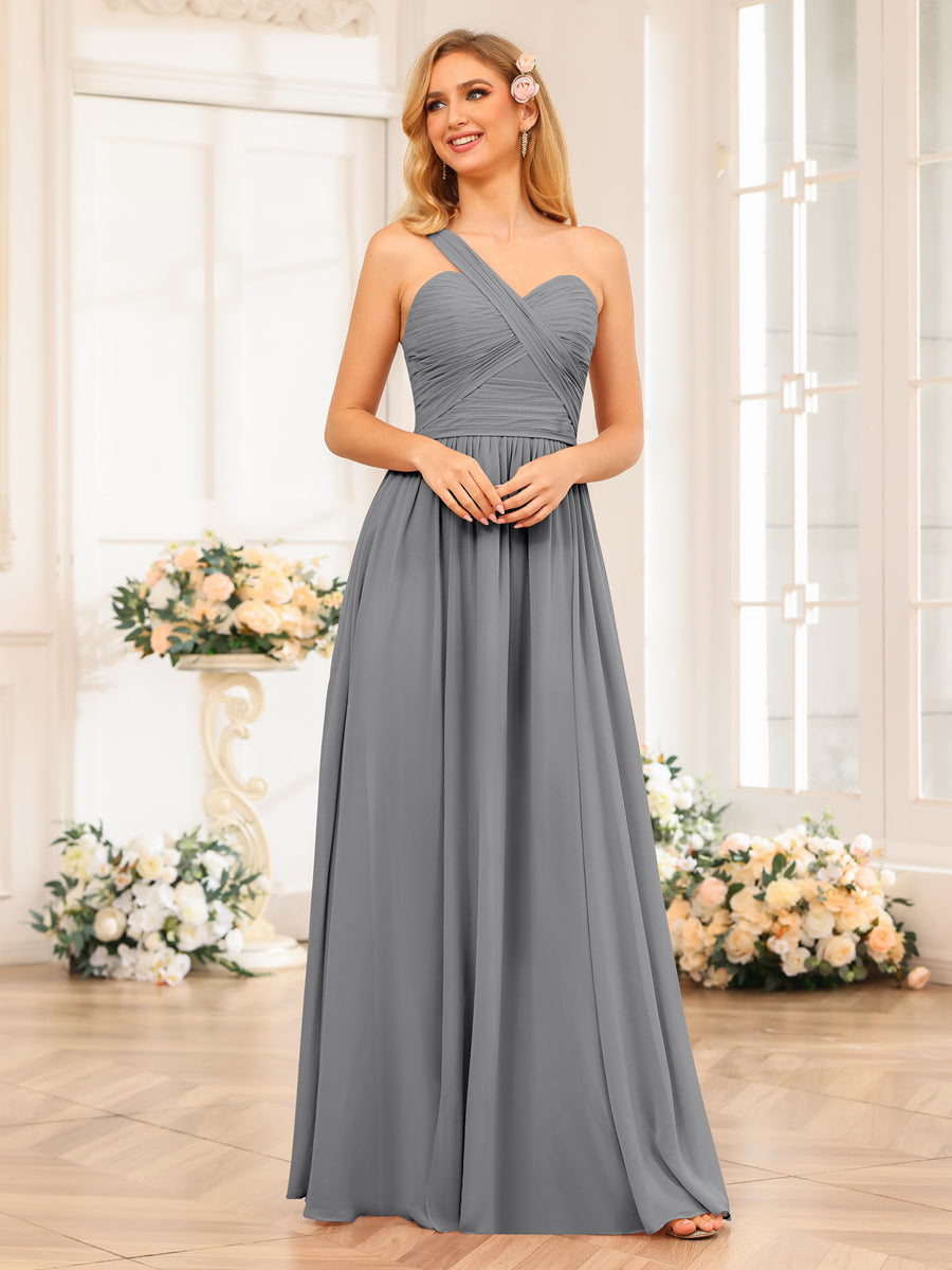 A-Line/Princess One-Shoulder Long Wedding Party Dresses with Split Side Gray