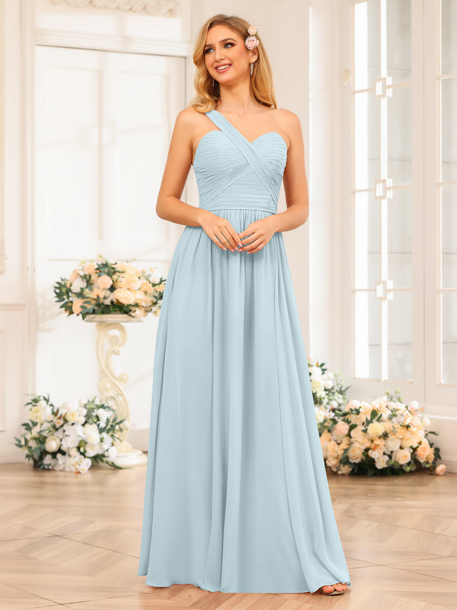 A-Line/Princess One-Shoulder Long Wedding Party Dresses with Split Side Light Blue
