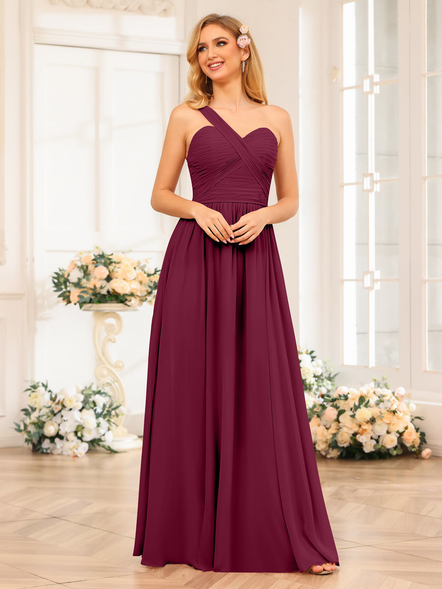 A-Line/Princess One-Shoulder Long Wedding Party Dresses with Split Side Light Burgundy