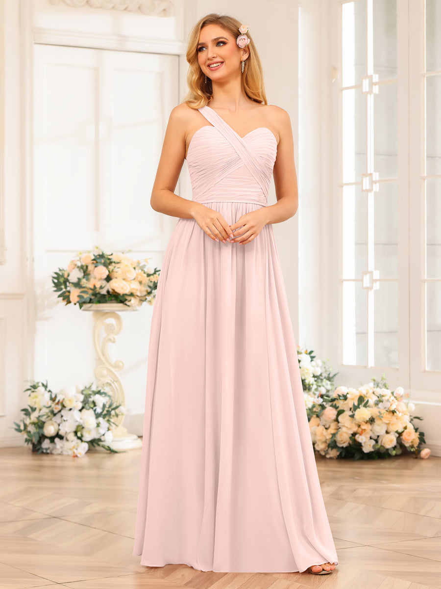 A-Line/Princess One-Shoulder Long Wedding Party Dresses with Split Side Light Pink