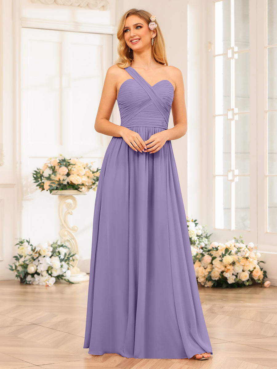 A-Line/Princess One-Shoulder Long Wedding Party Dresses with Split Side Light Purple