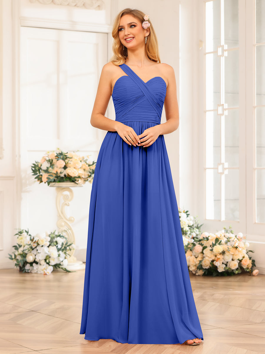 A-Line/Princess One-Shoulder Long Wedding Party Dresses with Split Side Light Royal Blue