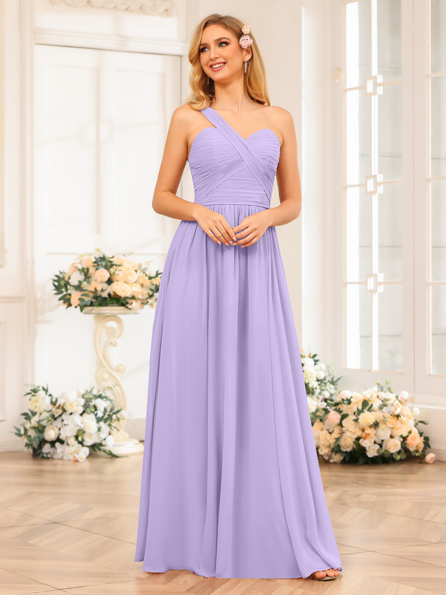 A-Line/Princess One-Shoulder Long Wedding Party Dresses with Split Side Lilac