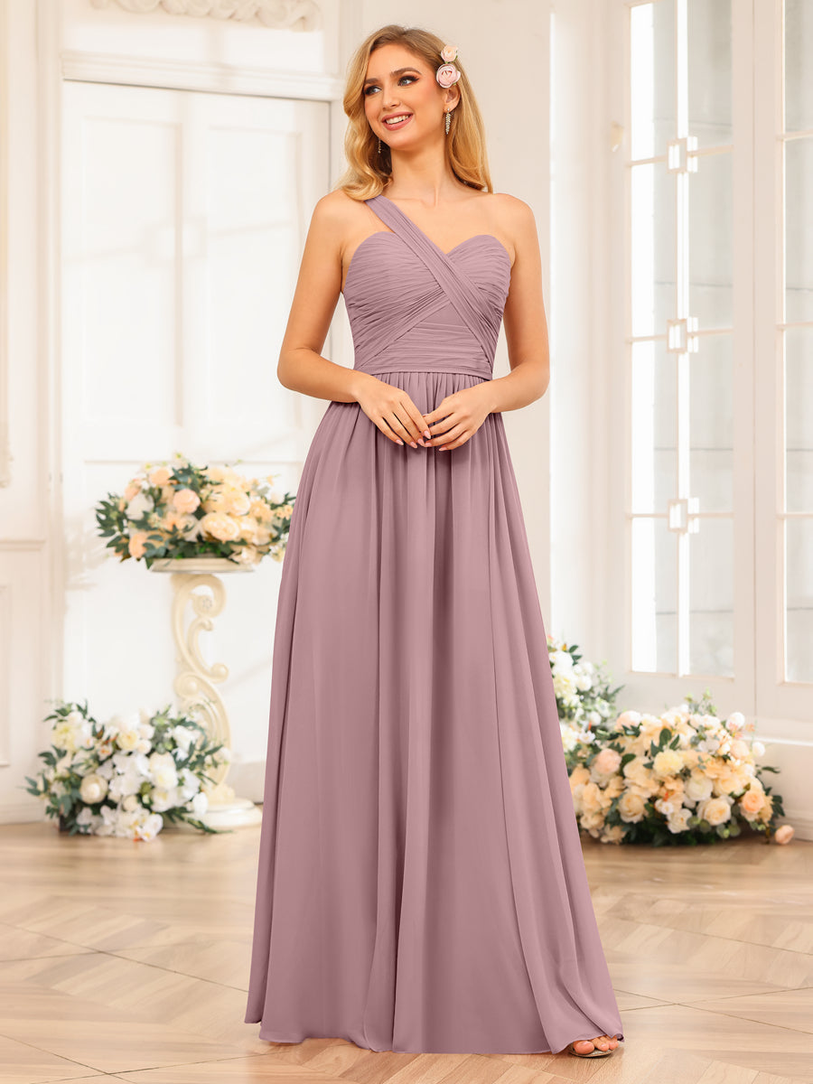 A-Line/Princess One-Shoulder Long Wedding Party Dresses with Split Side Mauve