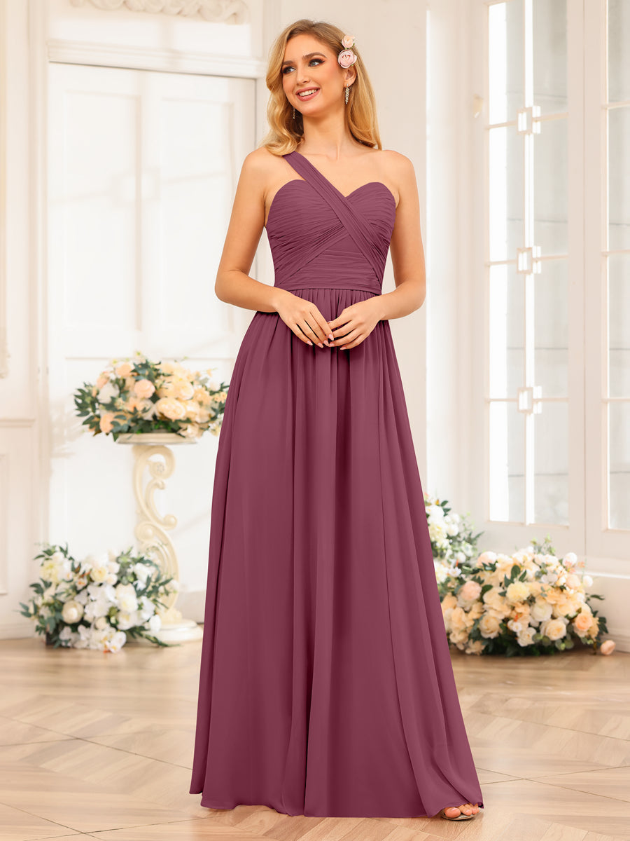 A-Line/Princess One-Shoulder Long Wedding Party Dresses with Split Side Mulberry