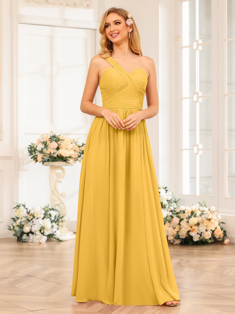 A-Line/Princess One-Shoulder Long Wedding Party Dresses with Split Side Mustard Yellow