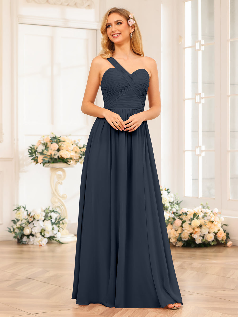 A-Line/Princess One-Shoulder Long Wedding Party Dresses with Split Side Navy Blue