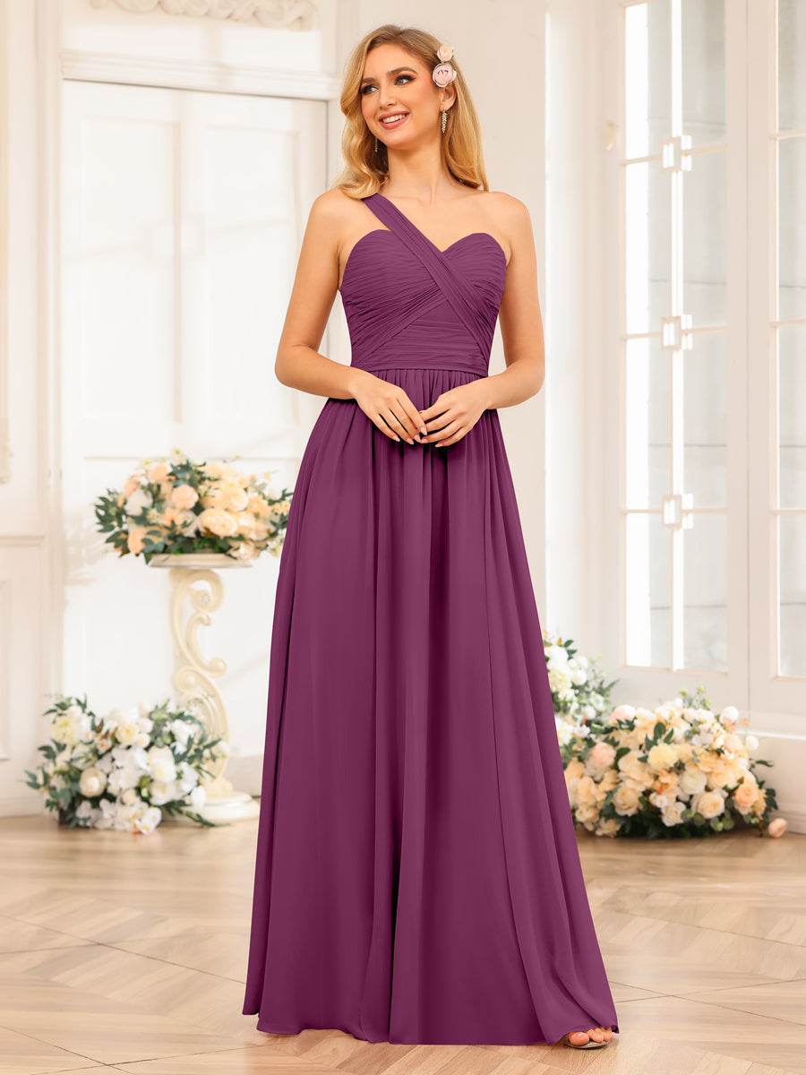 A-Line/Princess One-Shoulder Long Wedding Party Dresses with Split Side Orchid