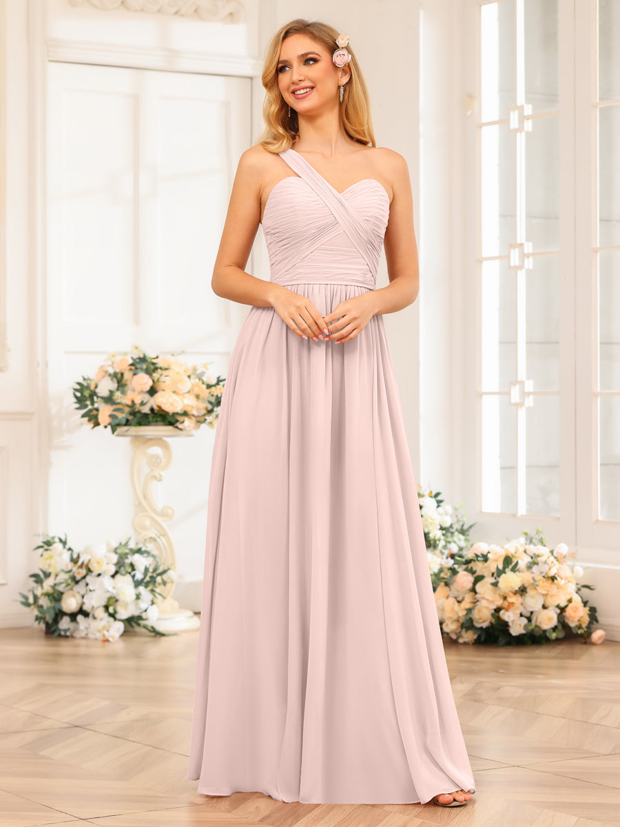 A-Line/Princess One-Shoulder Long Wedding Party Dresses with Split Side Pearl Pink