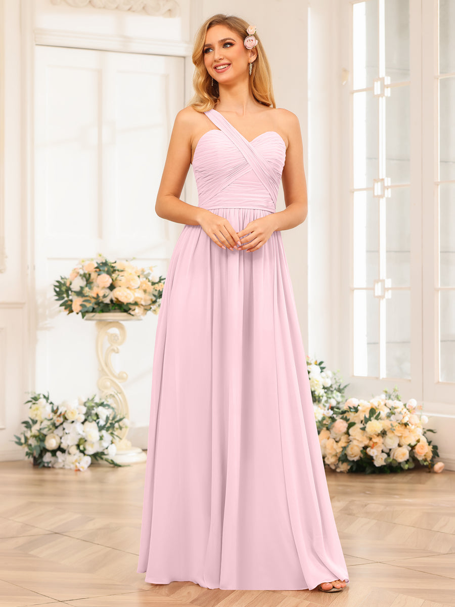 A-Line/Princess One-Shoulder Long Wedding Party Dresses with Split Side Pink