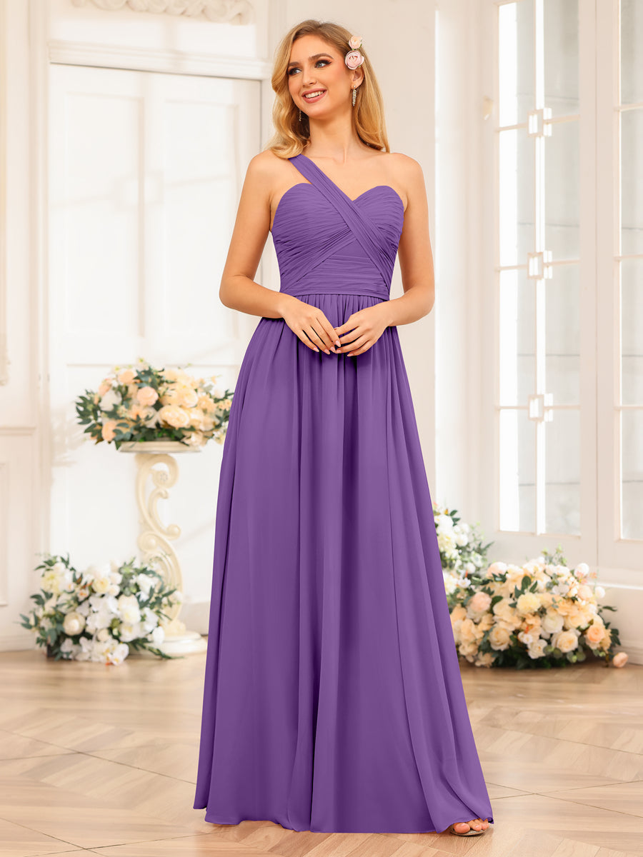 A-Line/Princess One-Shoulder Long Wedding Party Dresses with Split Side Purple
