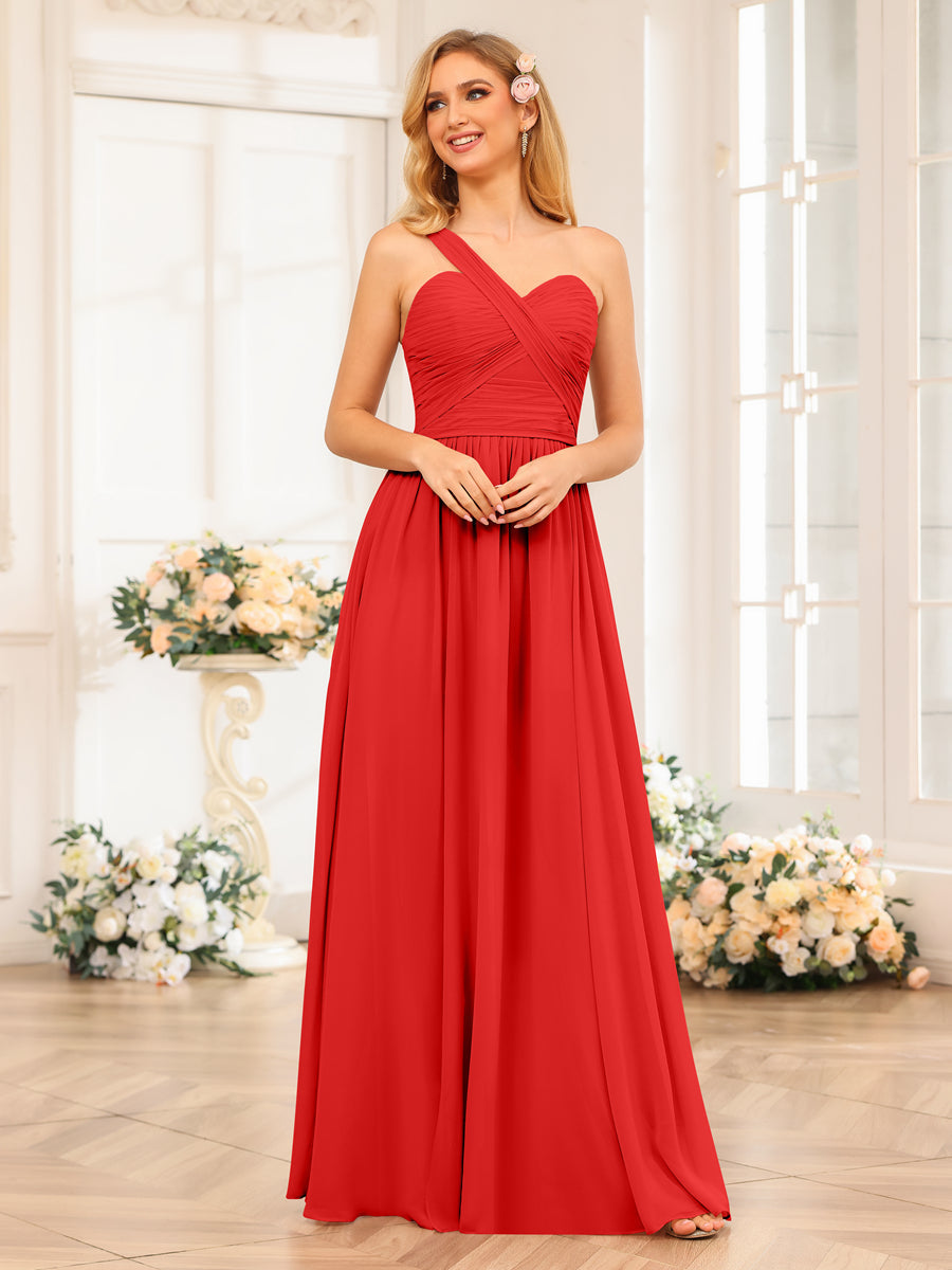 A-Line/Princess One-Shoulder Long Wedding Party Dresses with Split Side Red