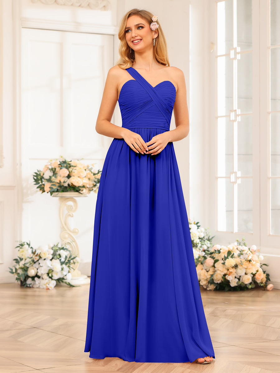 A-Line/Princess One-Shoulder Long Wedding Party Dresses with Split Side Royal Blue
