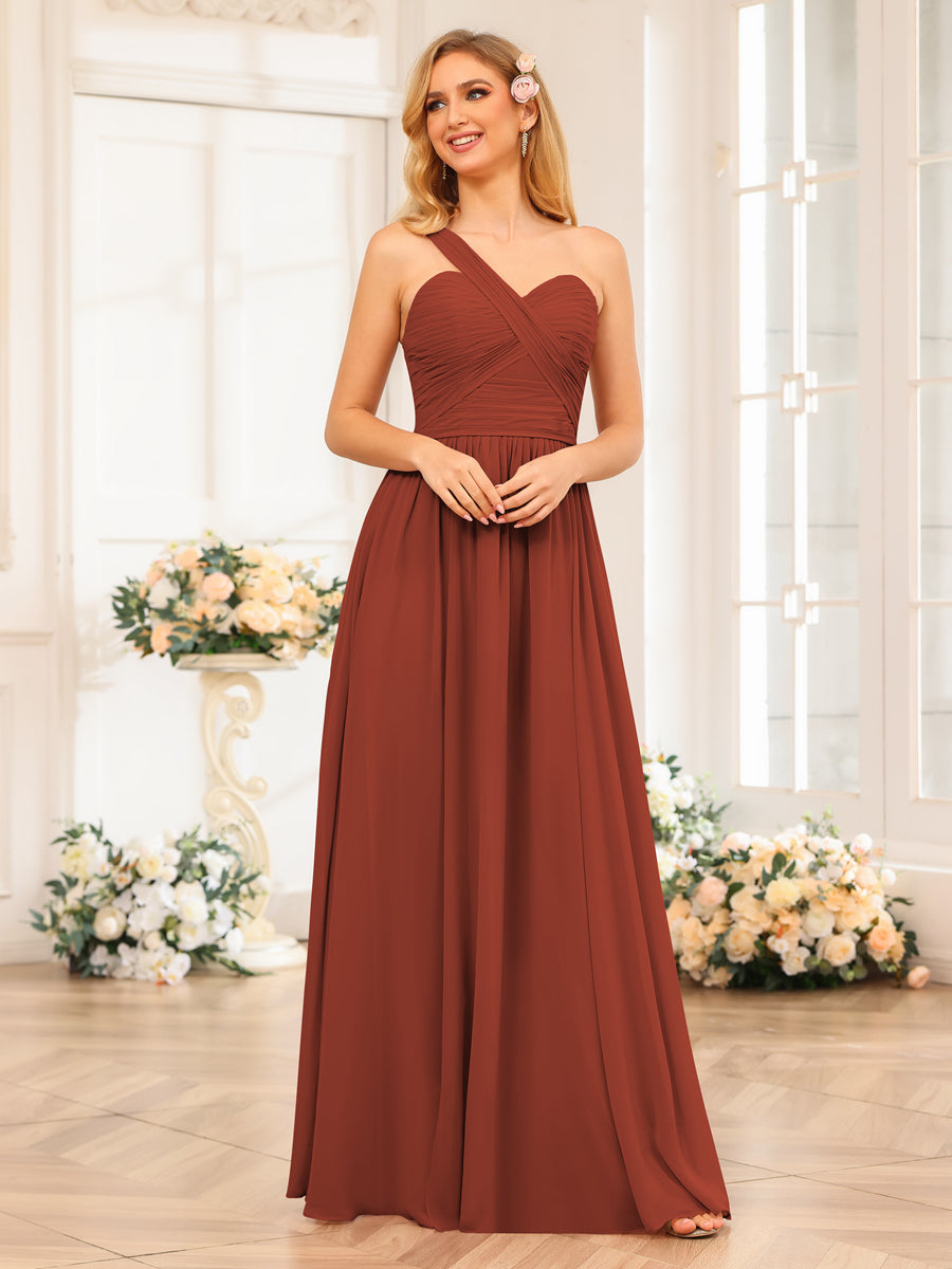 A-Line/Princess One-Shoulder Long Wedding Party Dresses with Split Side Rust