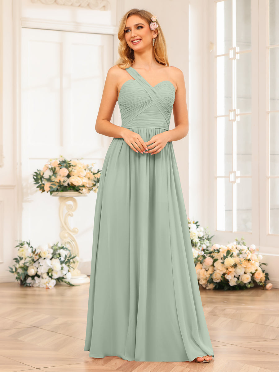 A-Line/Princess One-Shoulder Long Wedding Party Dresses with Split Side Sage