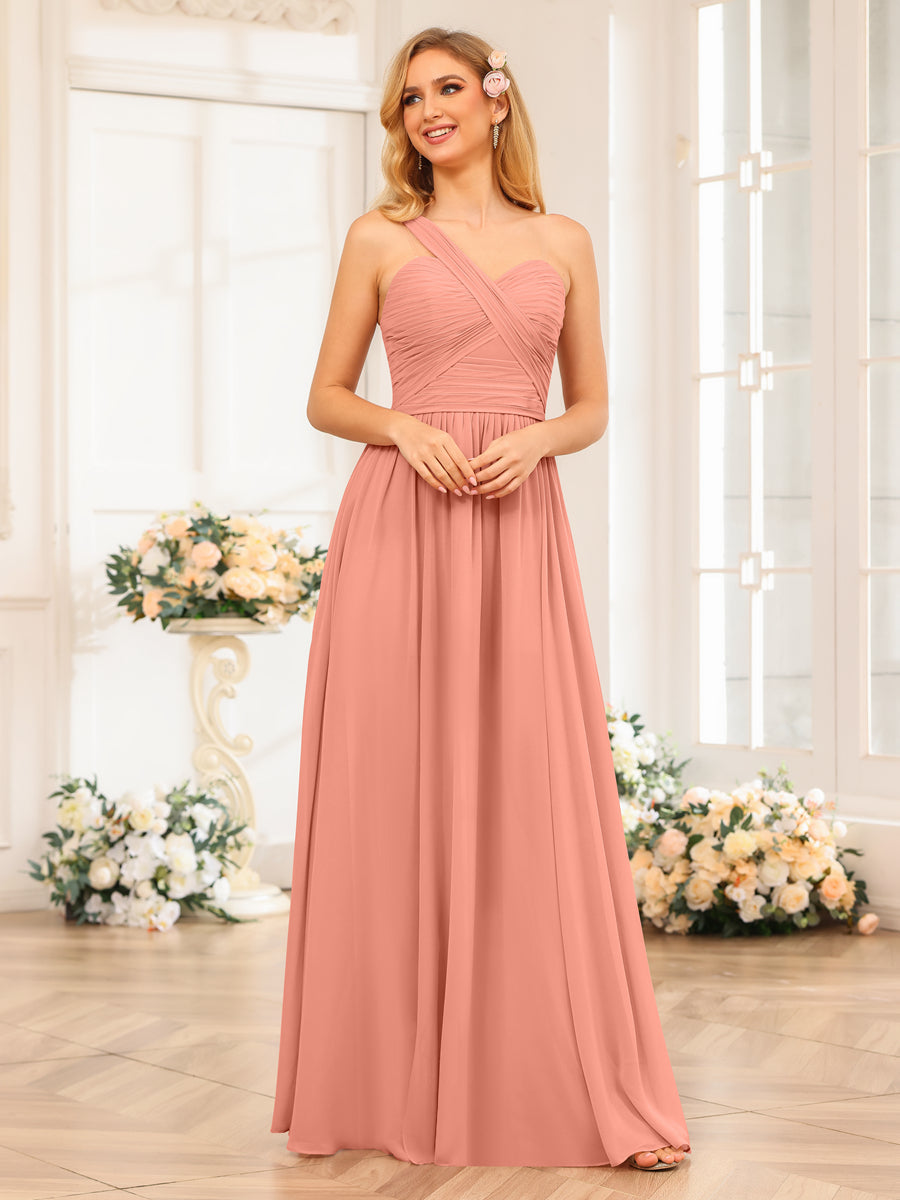 A-Line/Princess One-Shoulder Long Wedding Party Dresses with Split Side Salmon