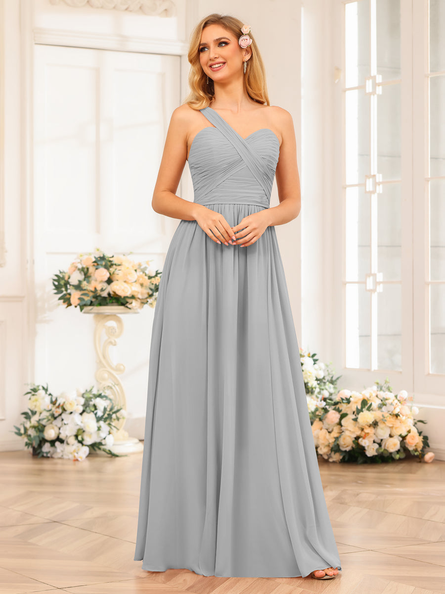 A-Line/Princess One-Shoulder Long Wedding Party Dresses with Split Side Silver