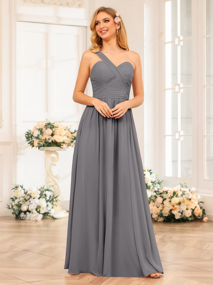 A-Line/Princess One-Shoulder Long Wedding Party Dresses with Split Side Silver Gray