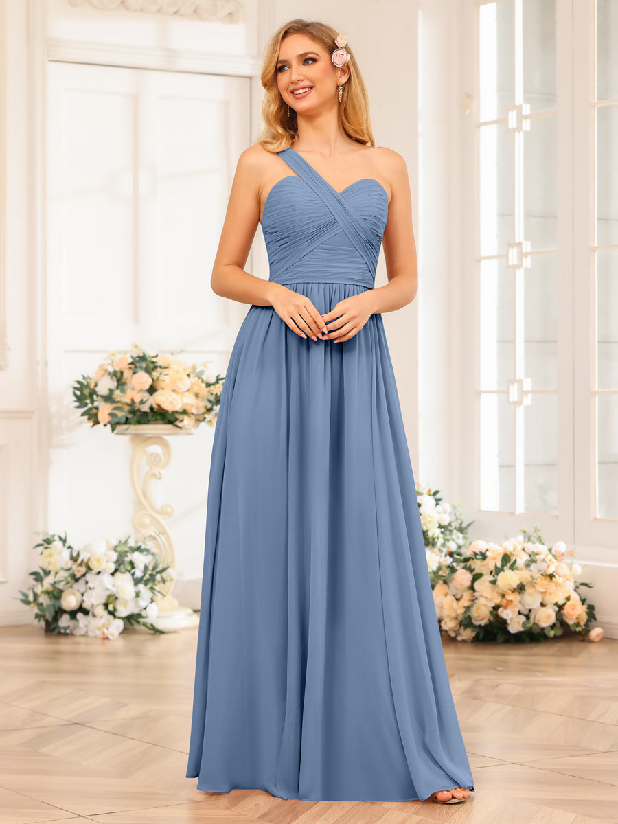A-Line/Princess One-Shoulder Long Wedding Party Dresses with Split Side Steel Blue