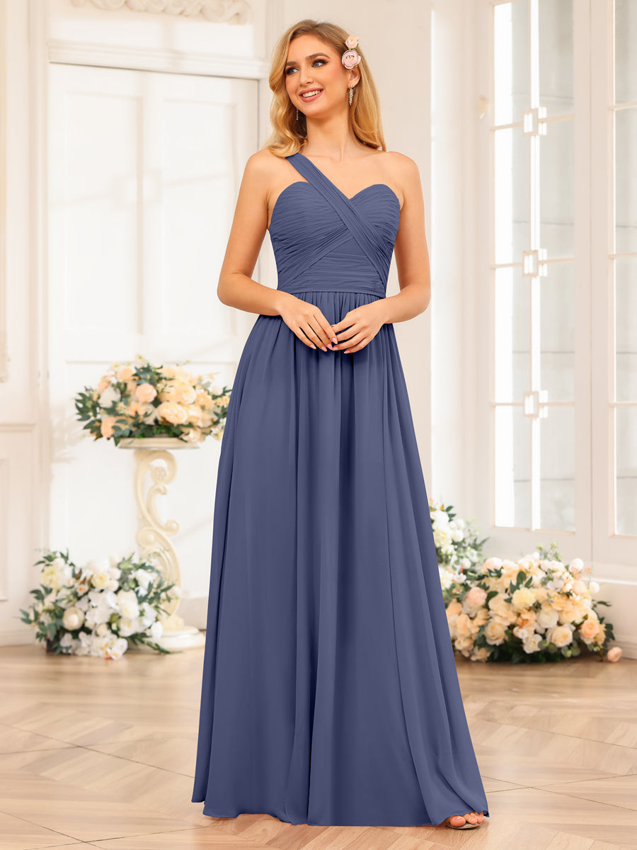 A-Line/Princess One-Shoulder Long Wedding Party Dresses with Split Side Stormy Blue