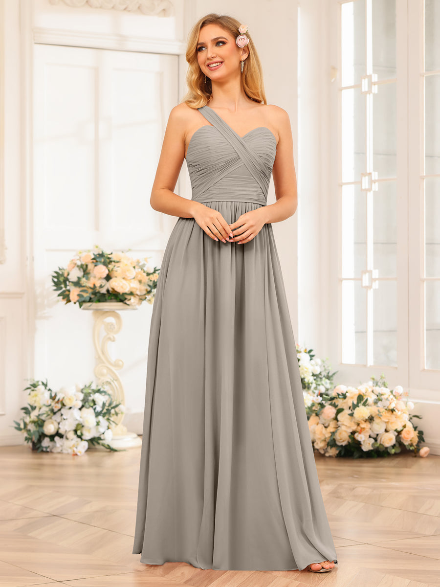 A-Line/Princess One-Shoulder Long Wedding Party Dresses with Split Side Taupe