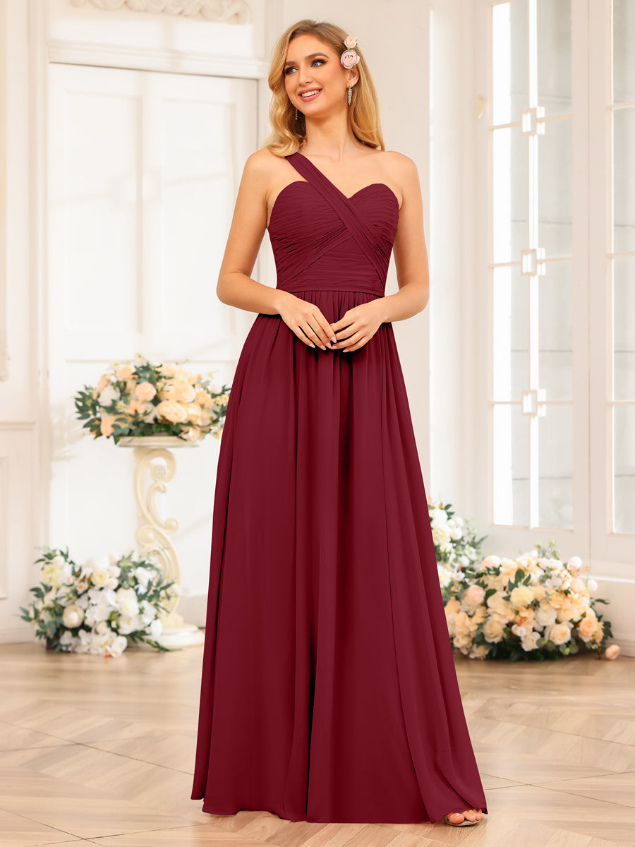 A-Line/Princess One-Shoulder Long Wedding Party Dresses with Split Side Wine Red